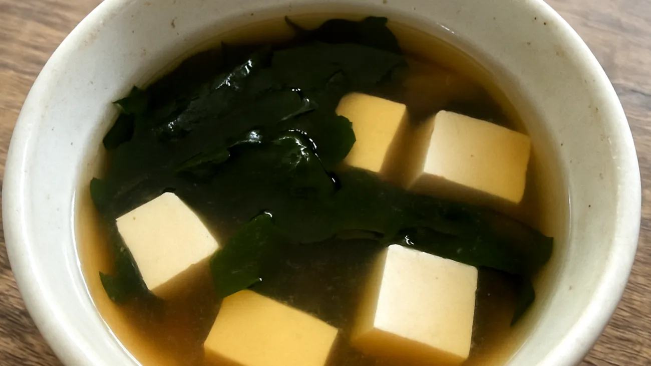 Miso soup with wakame seaweed and silken tofu"