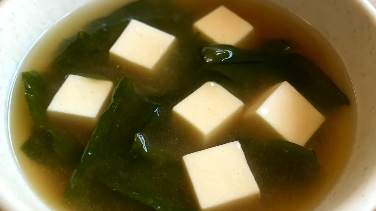 Miso soup with wakame seaweed and silken tofu"