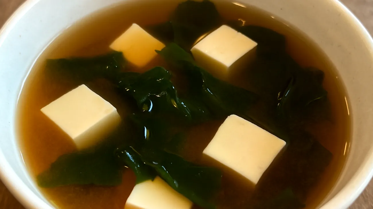 Miso soup with wakame seaweed and silken tofu"