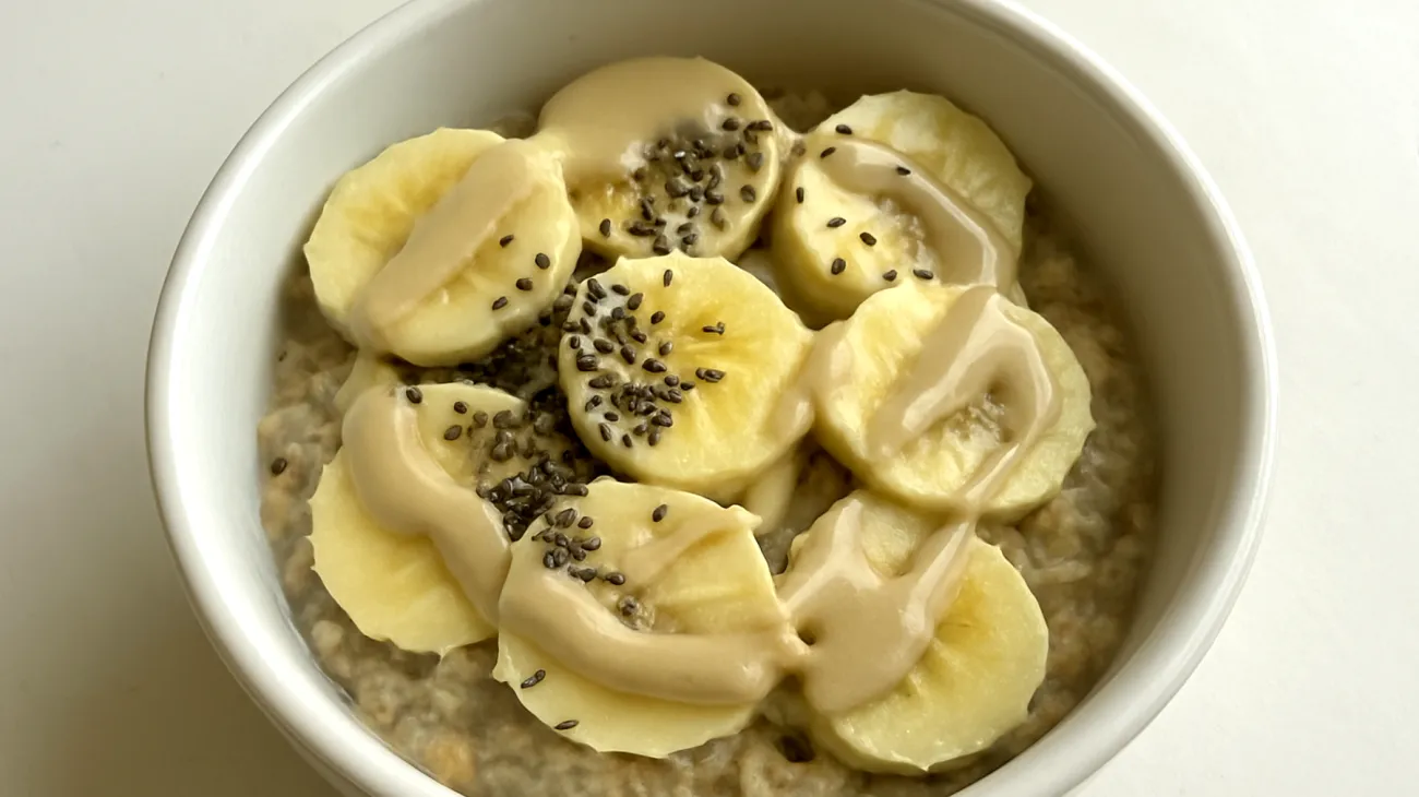 Overnight oats with chia seeds, banana, and tahini"